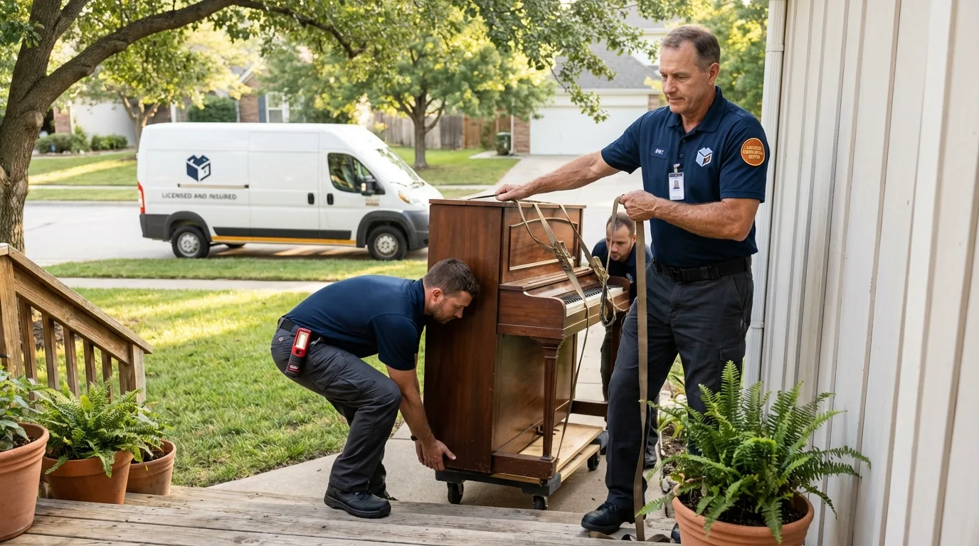 Licensed piano movers securing grand piano in Gouverneur, NY