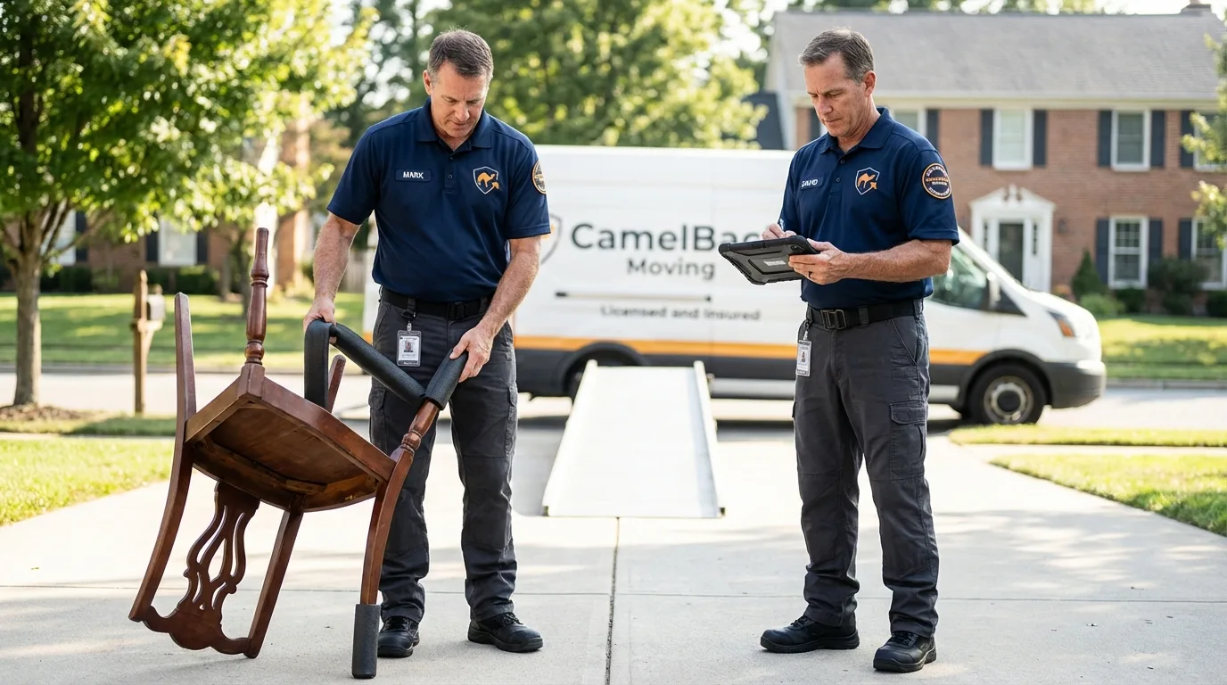 Movers inspecting furniture for damage prevention before loading in Gouverneur, NY