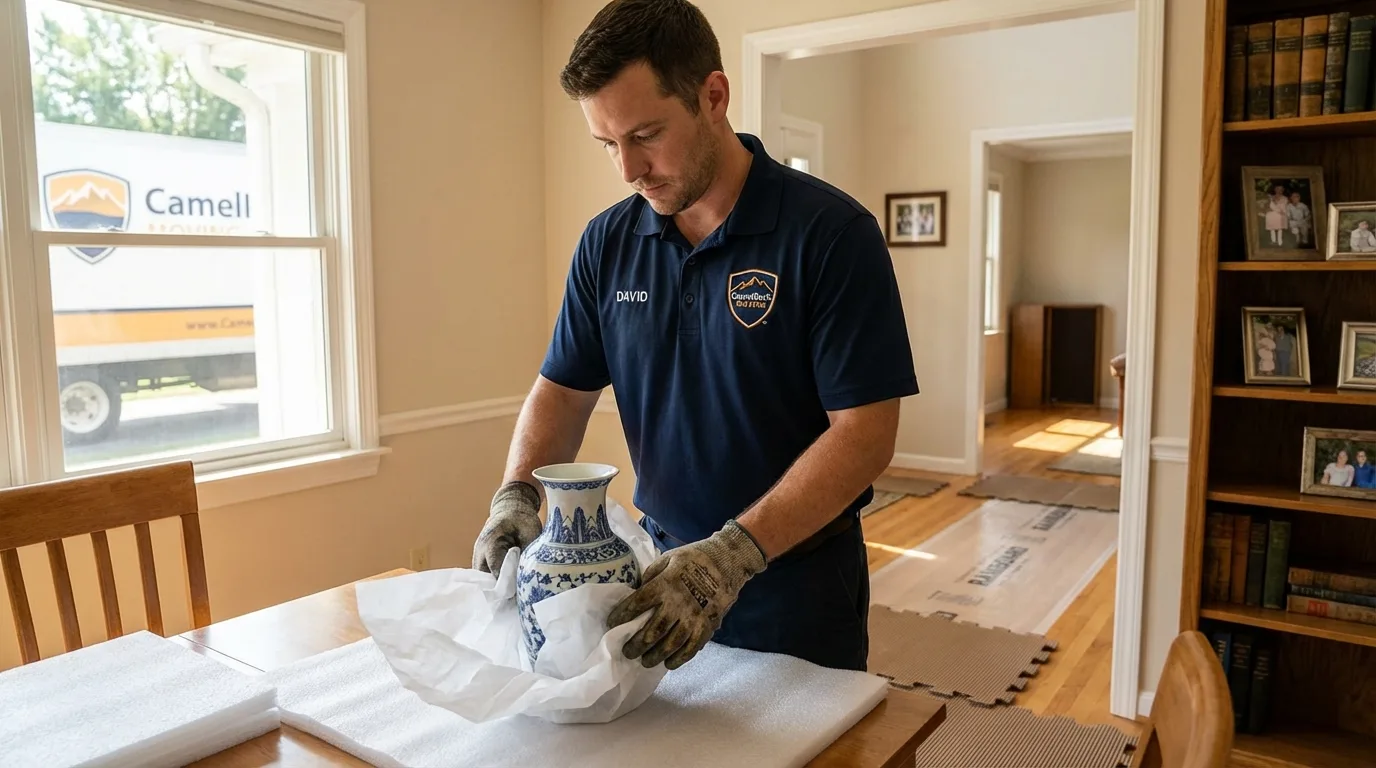 Professional crew carefully wrapping antique vase for senior downsizing move in Gouverneur, NY